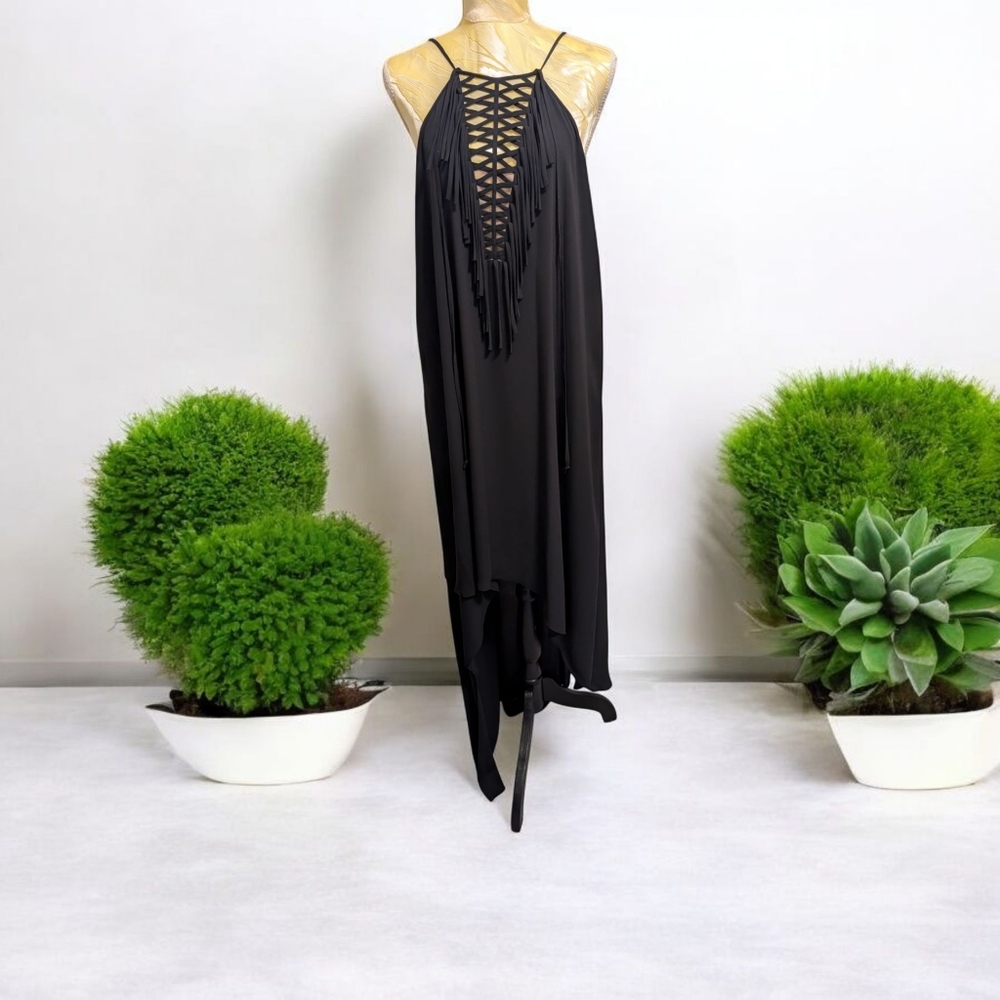 BCBG Black High-low,fringe Slip Dress